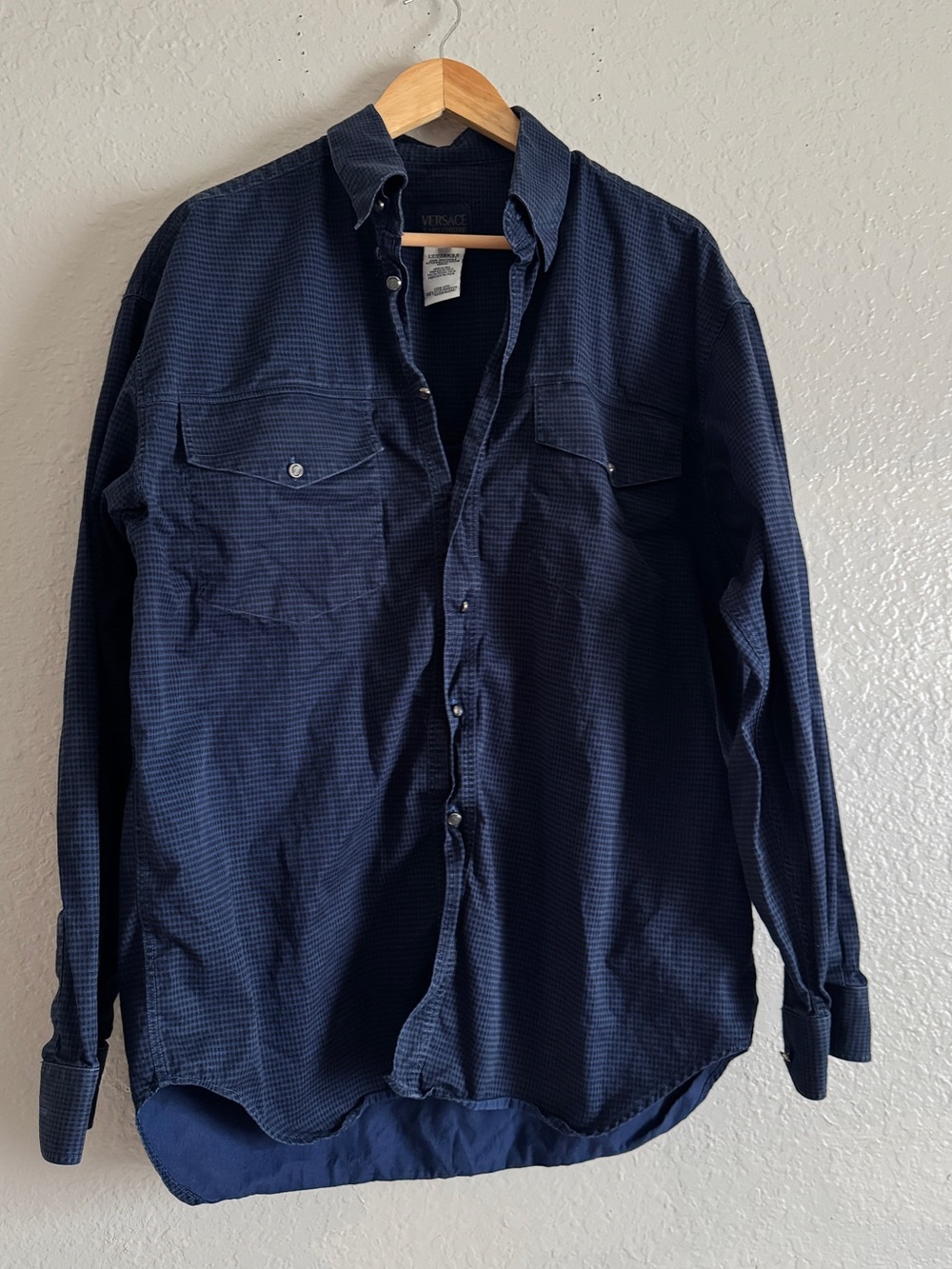 Vintage Versace Jeans Couture Navy Micro Gingham Print Western Medusa Head Shirt